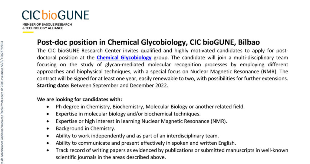 Open Postdoc position in Chemical Glycobiology (Spain)